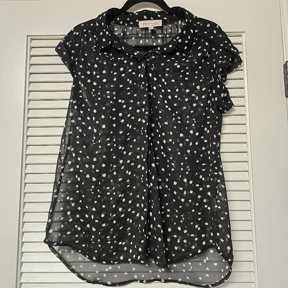 Philosophy - Black & White Polka-Dot Sheer Lightweight Short-Sleeve Button Top